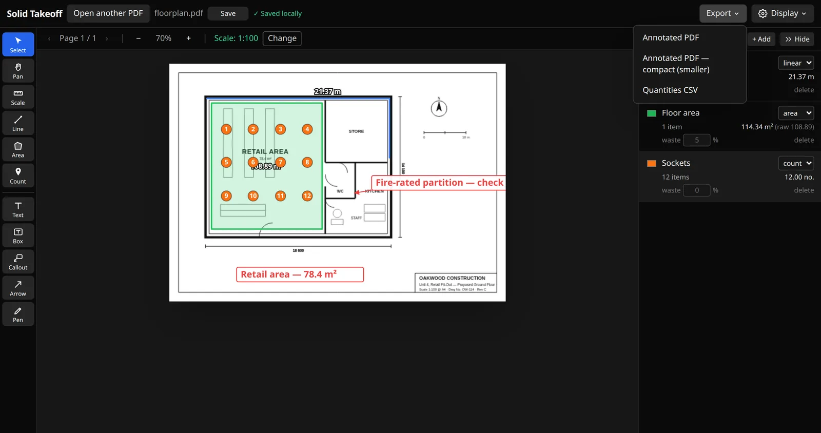 Export menu with annotated PDF, compact PDF and CSV options