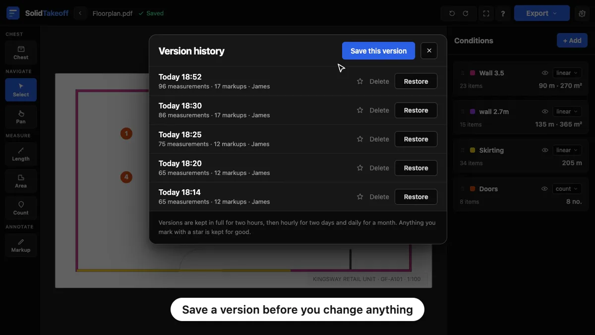 Version history panel listing saved versions of a takeoff with restore buttons